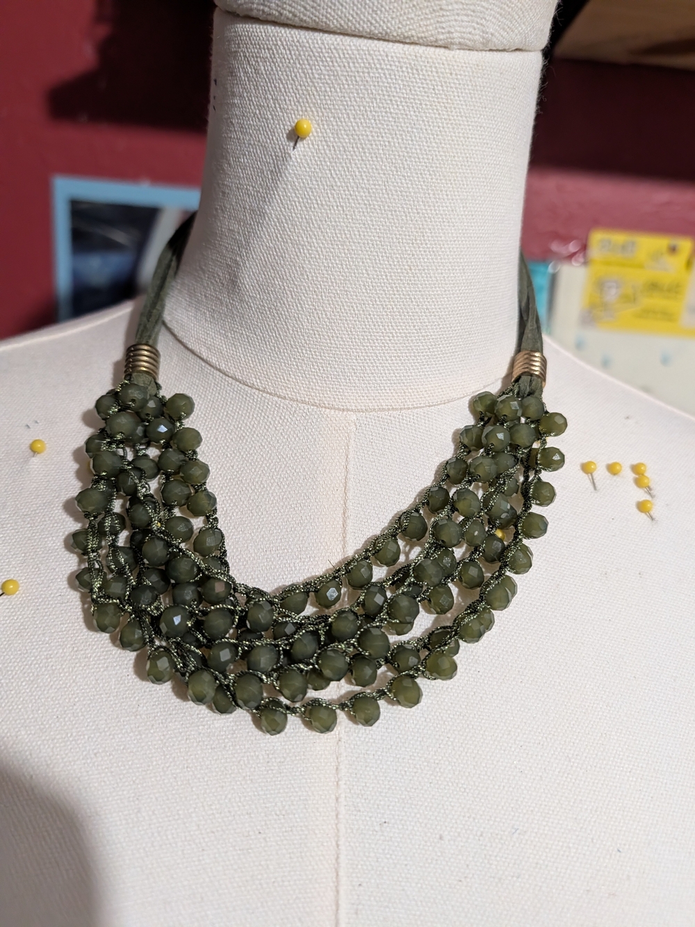 Olive Green Multi-Strand Beaded Statement Necklace